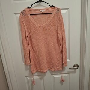 Talbots Womens L V-Neck Knit Tunic Sweater Cover‎ Up Peach Pima Cotton Tassels